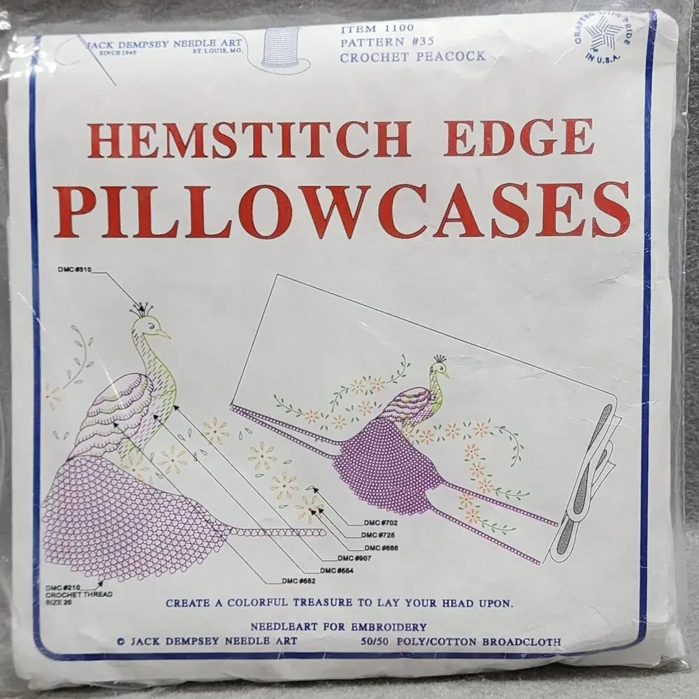 Peacock Hemstitch Edge Pillow Cases Crochet Embroidery Jack Dempsey Needle Art